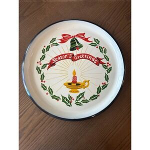 Vintage 13'' Santa Land Christmas Tin Tray Seasons Greetings Holly Candle Japan